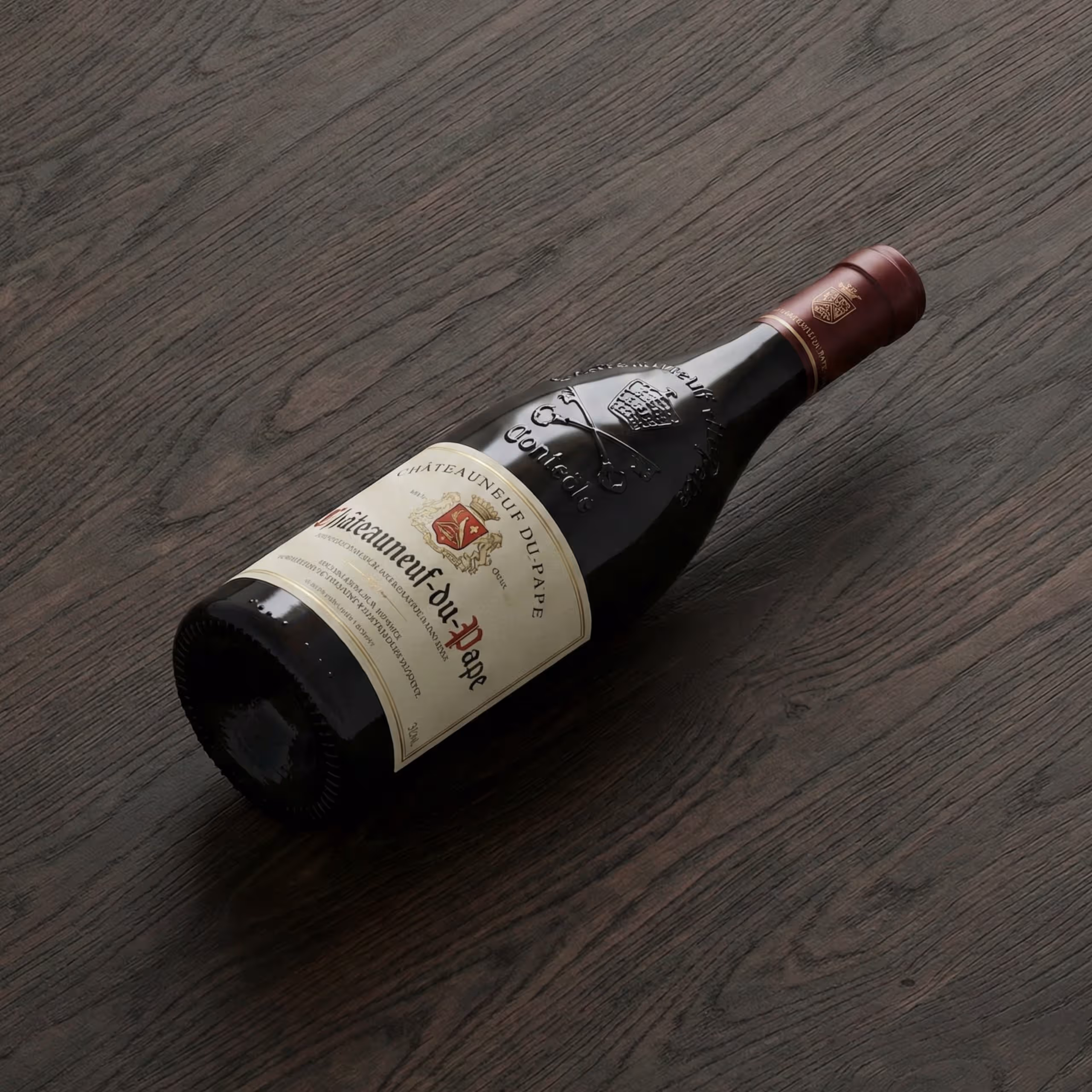 Châteauneuf-du-Pape wine bottle on wooden surface.