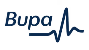 Bupa logo with a blue line representing a heartbeat, related to healthcare and wellness.