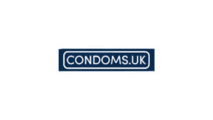 Condoms.uk logo on navy blue badge with white lettering