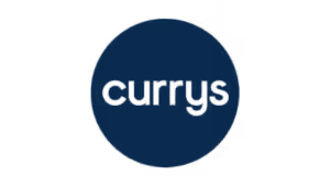 Currys logo with white lettering on dark blue circle