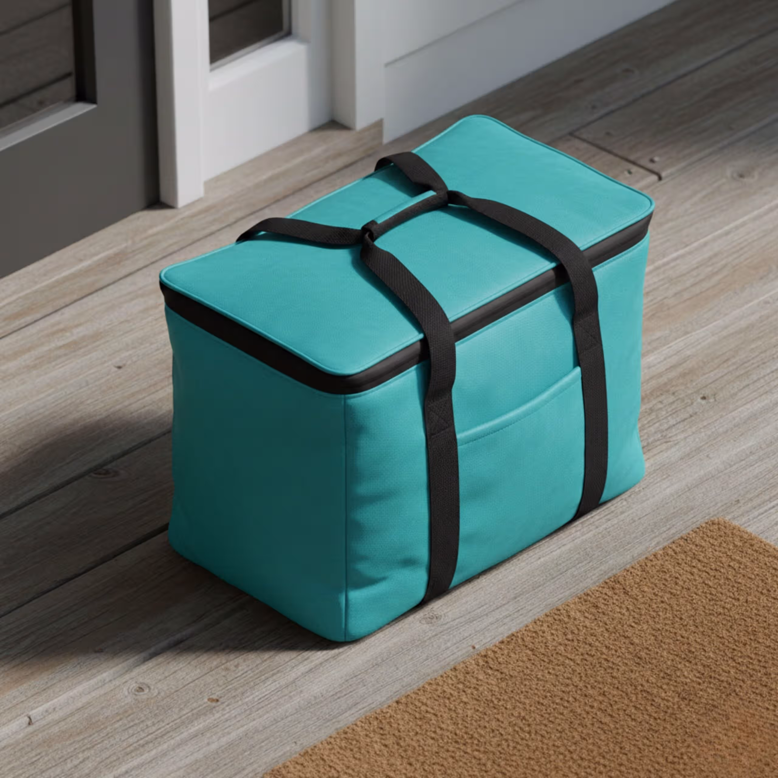Turquoise insulated cooler bag with black straps on wooden deck near door.