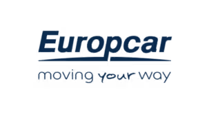 Europcar logo with slogan "moving your way" in blue text on a white background.
