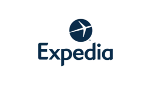 Expedia logo featuring circular blue icon with white airplane symbol