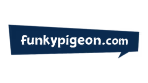 Funky Pigeon brand logo in dark blue speech bubble with white text