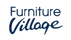Furniture Village logo in dark blue and white with script lettering
