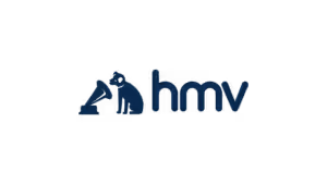 HMV brand logo with gramophone icon and sitting dog silhouette