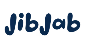 JibJab logo in dark blue with rounded, playful letterforms