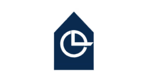 Last-Minute logo with lowercase e in dark navy house shape