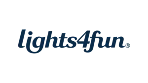 Lights4fun logo with registered trademark in dark blue italic text