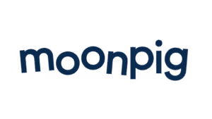 Moonpig brand logo in dark blue with decorative dot design