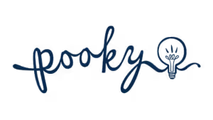 Pooky logo with handwritten navy text and lightbulb icon