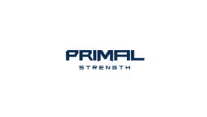 Primal Strength logo in navy blue lettering on white background
