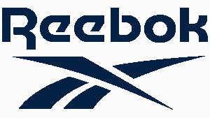 Reebok logo in dark blue font and graphic design on a white background