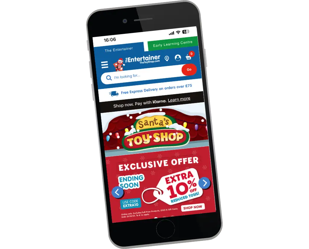 Mobile view of toy shop exclusive offer with 10% discount at The Entertainer, showcasing Santa's Toy Shop banner.