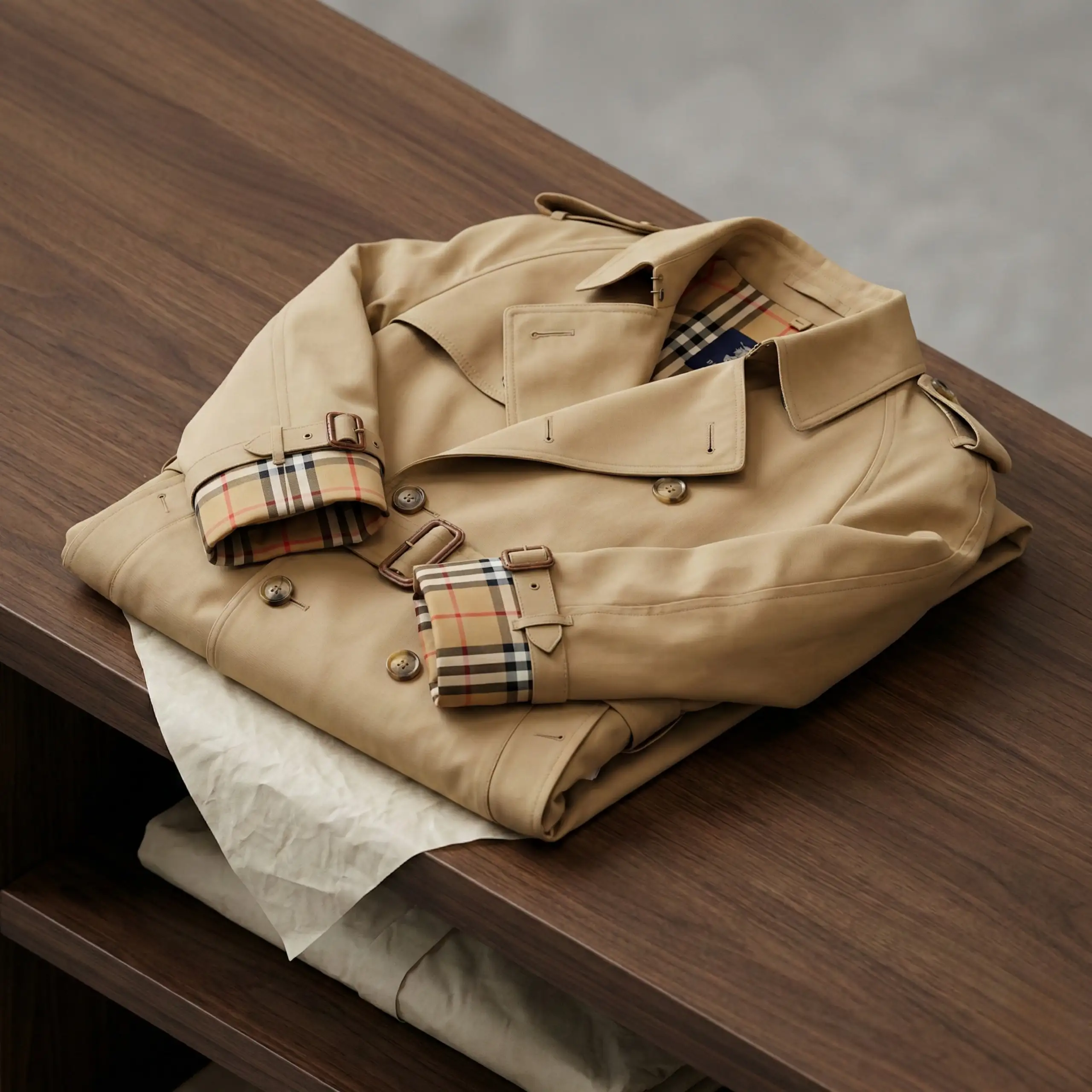 Beige trench coat with plaid cuffs folded on wooden table