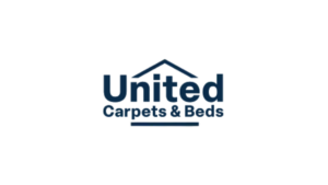United Carpets & Beds logo with house roof icon in blue.